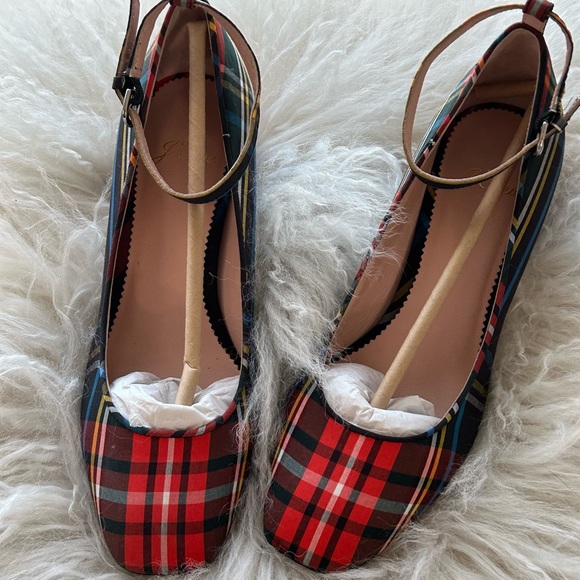 J Crew Red Plaid Pump Celia Tartan Block Heel Shoe w/ Ankle Strap Sz 6 - Picture 2 of 10